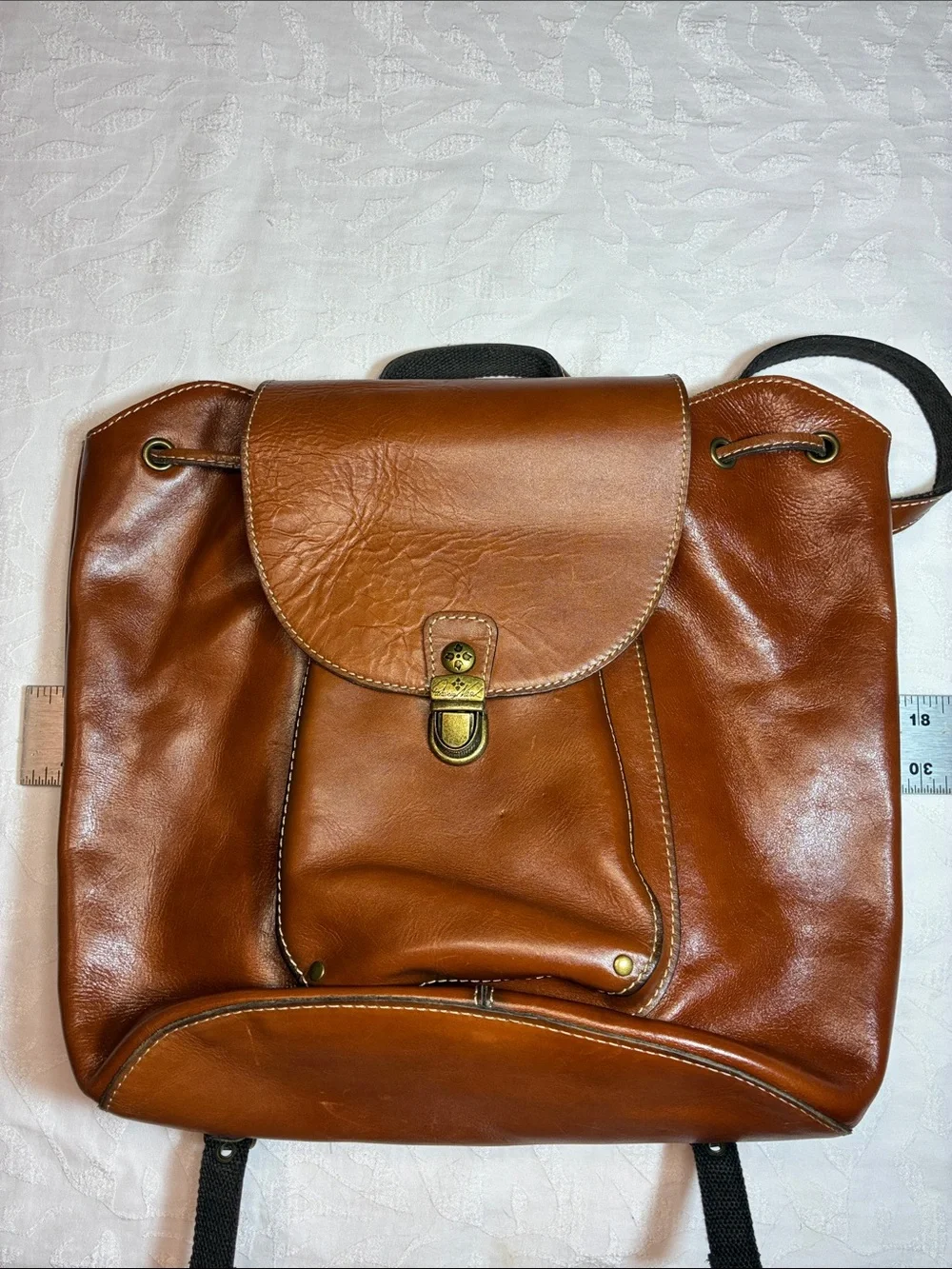 Patricia Nash Cognac Leather Drawstring Backpack with Flap 16inx15in